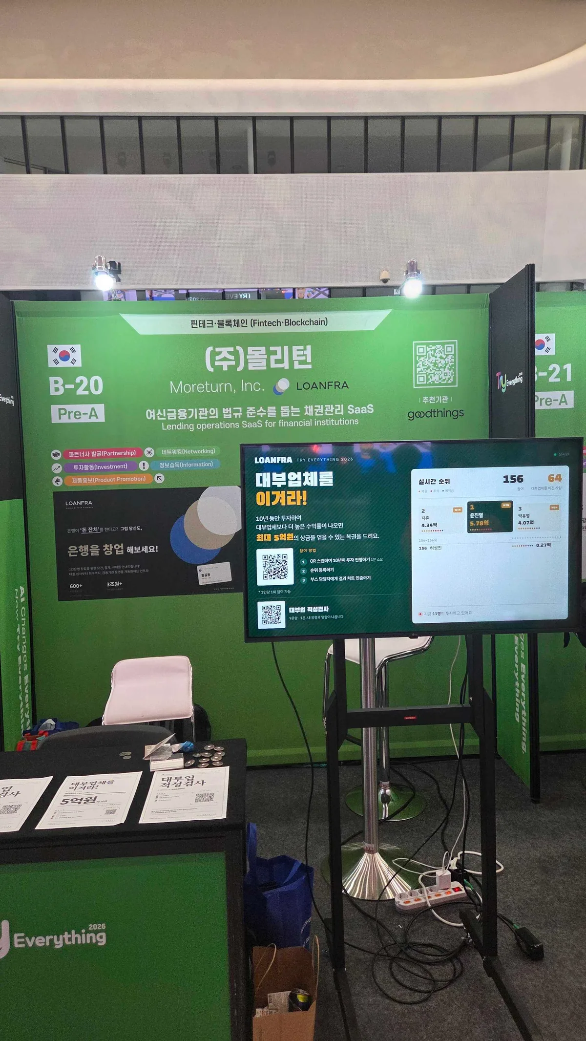 Try Everything 2026 박람회에 마련된 몰리턴·론프라 부스. 핀테크·블록체인 분야 B-20 부스에 '여신금융기관의 법규 준수를 돕는 채권관리 SaaS' 소개 배너와 '대부업체를 이겨라!' 미니게임 실시간 순위 화면이 설치되어 있다.
