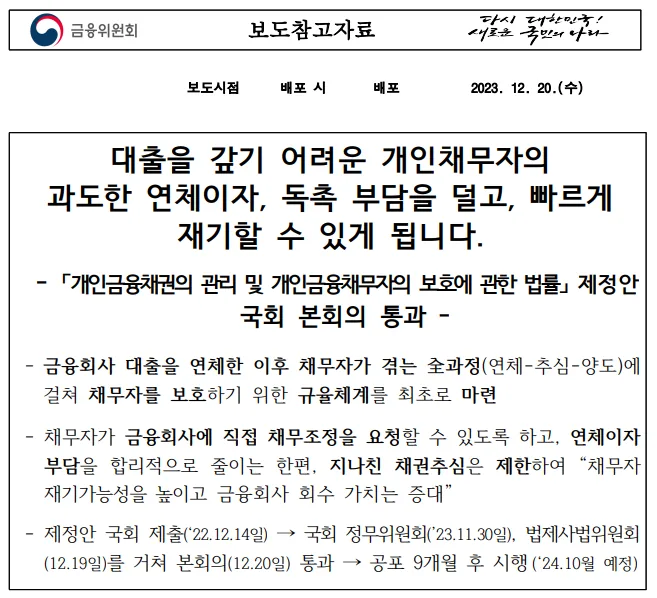 금융위원회 보도참고자료. 「개인금융채권의 관리 및 개인금융채무자의 보호에 관한 법률」 제정안이 2023년 12월 20일 국회 본회의를 통과했고 공포 9개월 후인 2024년 10월 시행 예정이라는 내용이 담겨 있다.