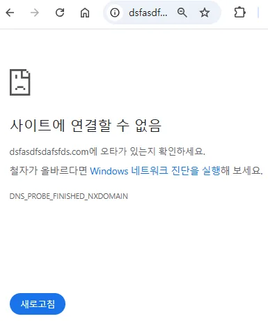 브라우저에서 존재하지 않는 도메인에 접속했을 때 뜨는 '사이트에 연결할 수 없음' 오류 화면. DNS_PROBE_FINISHED_NXDOMAIN 메시지가 표시되어 있다.